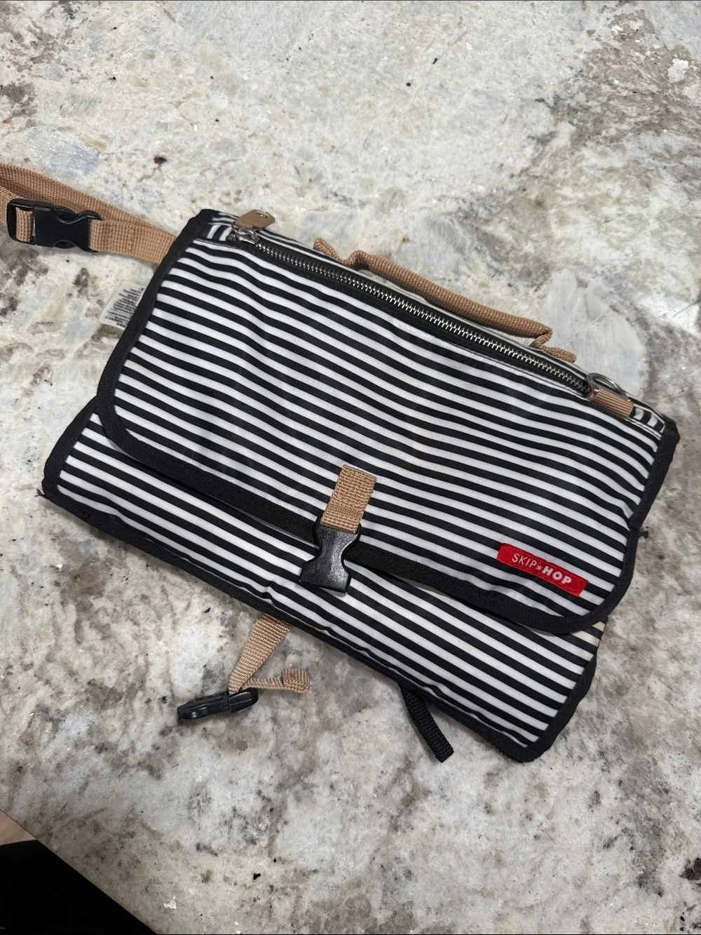 Skip Hop Black & White Striped Men's Toiletry Organizer with Tan Strap